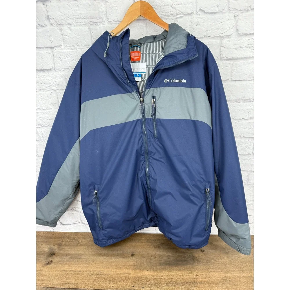 Columbia Thermal Coil Winter Jacket Mens XL Navy Blue Grey Colorblock Hooded